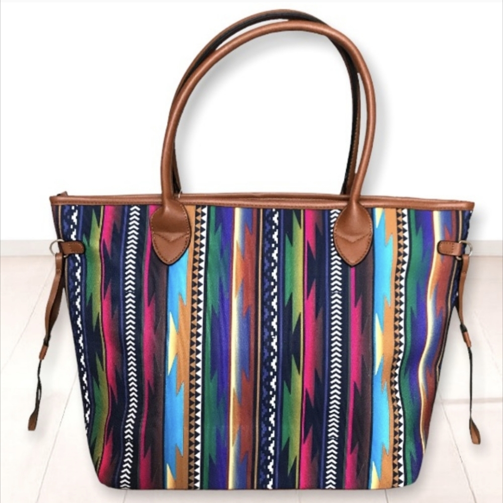 ONE LEFT! Gorgeous Vibrant Spacious Aztec Print Zippered Tote - Picture 2 of 13